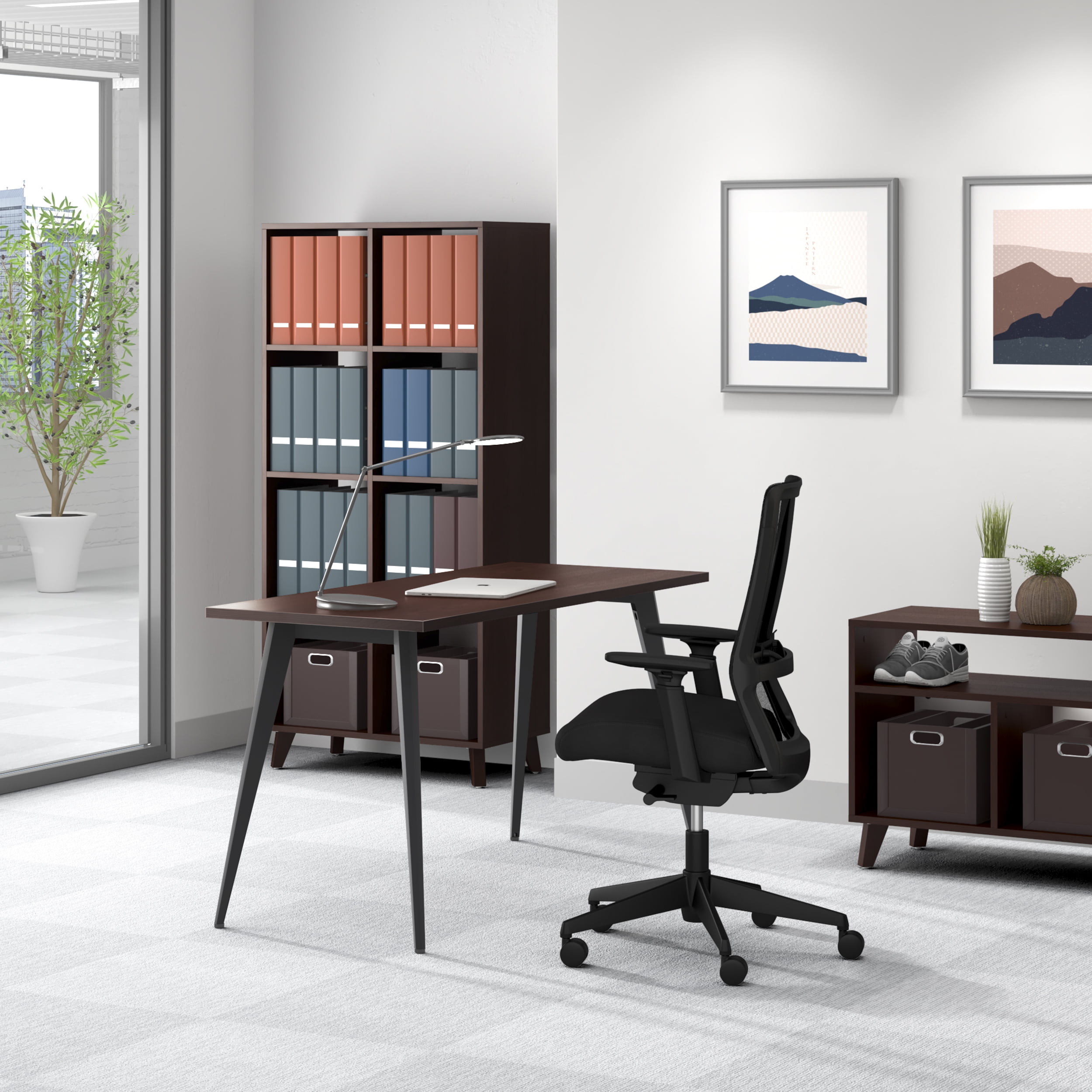 HON Basyx 55” Commercial-Grade Executive Desk, Angled Metal Legs, in Charcoal/Walnut (BSX55MPLCMW)