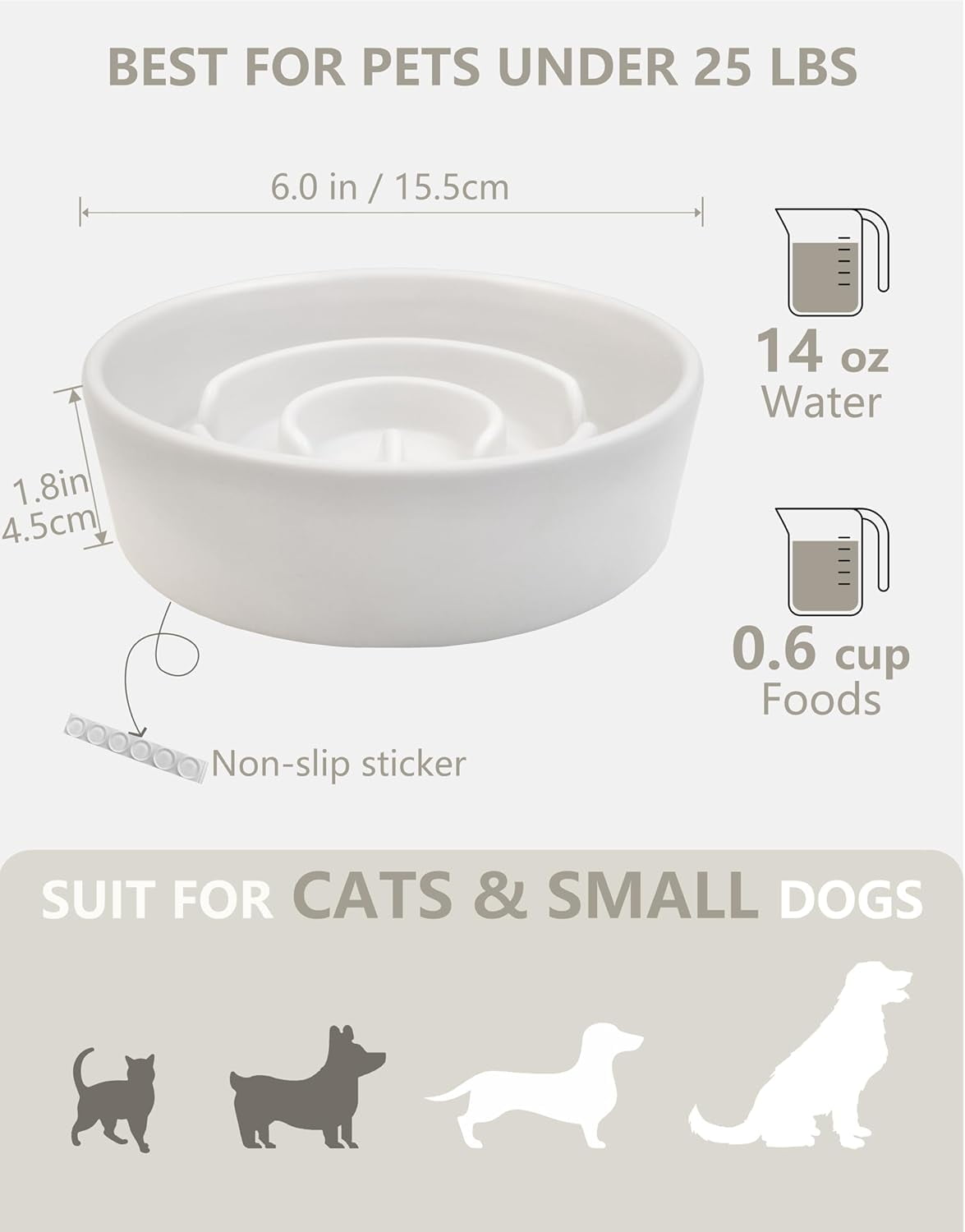 Ceramic Slow Feeder Dog Bowls, 0.6 Cup Slow Feeder for Small Dogs, Puzzle Maze Bowl, Prevents Choking, 6in, White