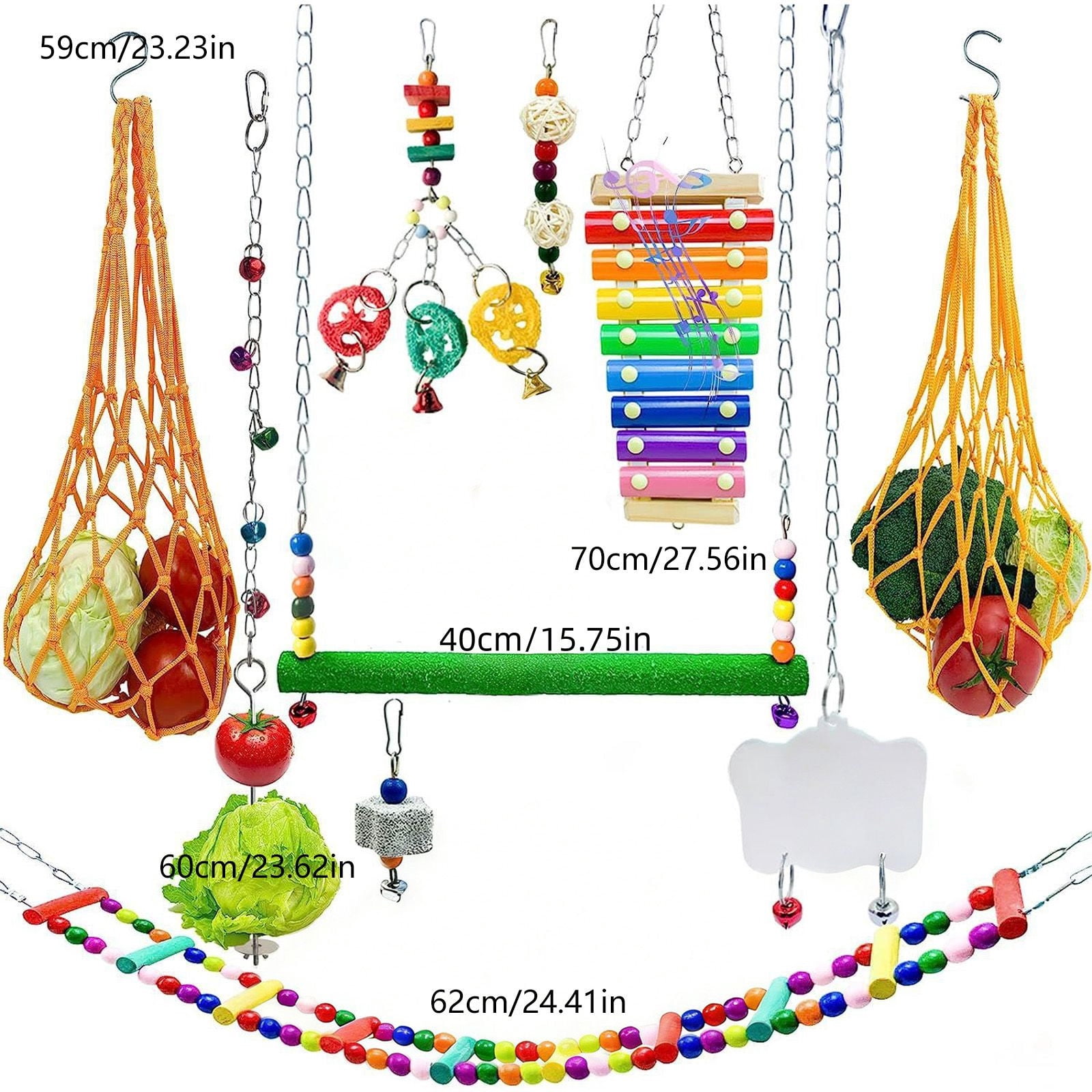 Chicken Cage and Bird Cage Accessories Set Multi-Function Toy Kit with Foraging Net Ladder Mirror Fruit Vegetable Skewer and Wooden Xylophone, Enrichment Toys for Pet Birds and Poultry