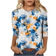 thumbnail image 2 of Royisotas Blue Womens Tops Plus Size 3/4 Sleeve Casual Floral Graphic Summer T-Shirts Loose Comfortable Crew Neck Shirts Plus Size, 2 of 5