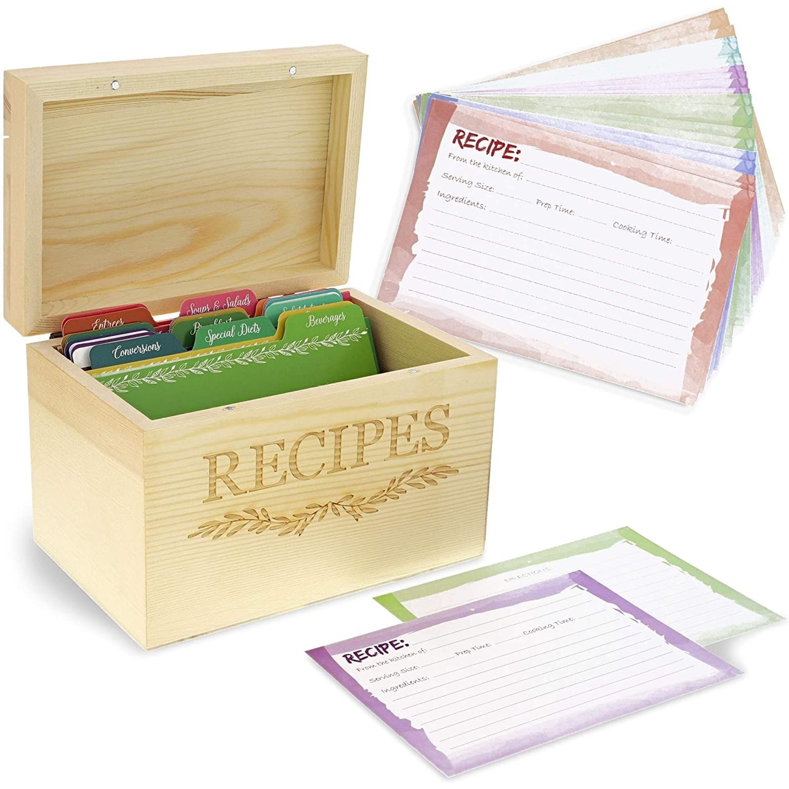New Pioneer Woman Acacia Wood Wooden Recipe Box w Cards Set Breezy Blossoms 