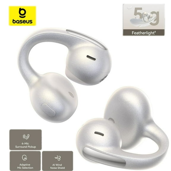 Baseus MC1 Pro Open Ear Clip-On Headphones, Hi-Res LDAC & HiFi4 Acoustic Sound, 5g Ultra-Lightweight Comfort, SuperBass 2.0, DNN 4-Mic AI Clear Calls, IP67 Waterproof, Bluetooth 6.0 (White)