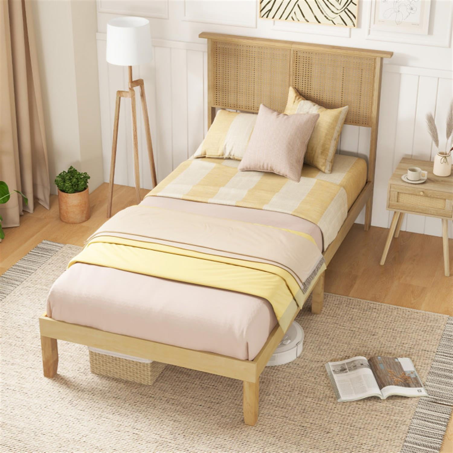 Demi Bonn Twin Size Bed Frame with Rattan Headboard, Platform Bed Frame with 12 Strong Wood Slat Support, No Box Spring Needed, Beige