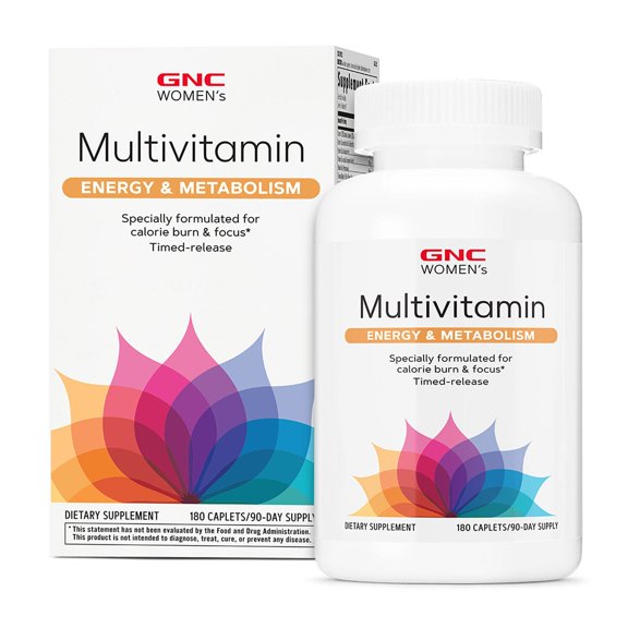 GNC Women’s Energy and Metabolism Multivitamin Caplets, Clinically Proven For Calorie Burn, Focus, Caffeine, Immune, Bone, Beauty, Iron, Biotin, Timed Release, 180 Count