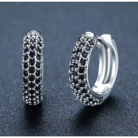 Dazzling Micro Pave 14K White Gold Plated 3 Row Black CZ Men Women Hoop Earrings