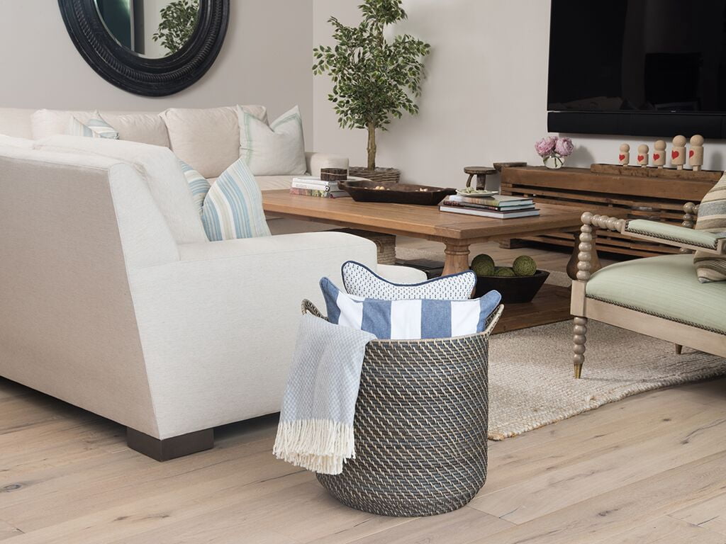 Kouboo Laguna Round Rattan with Ear Handles Basket for Organizing, Living Room, Blankets, Toy Bin, Laundry and Plants, Black Wash