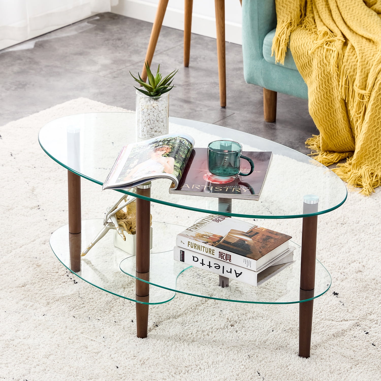 Resenkos Modern Oval Glass Living Room Coffee Table with Storage, Clear