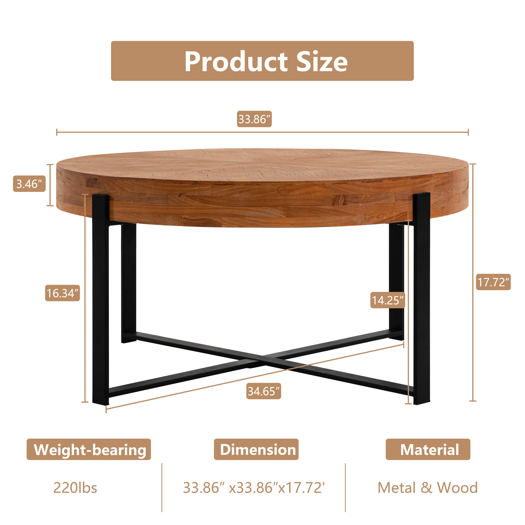 33.86" Modern Retro Splicing Round Coffee Table, Fir Wood Table Top with Black Cross Legs Base