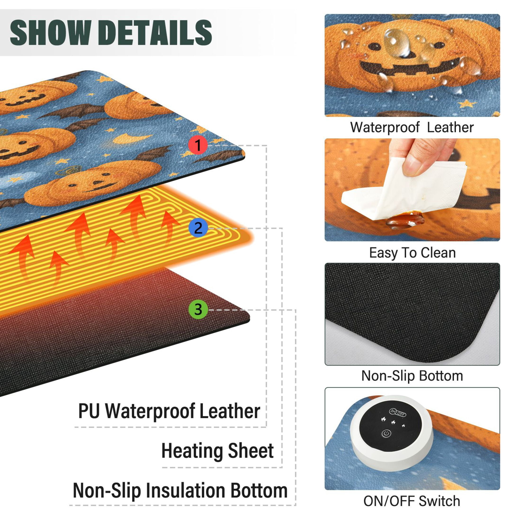 Large Heated Desk Mat Mouse Pad 31.5"x13"PU Leather Graphene Heating Desk Warmer with 3 Temperature Settings 110V US Plug Non-Slip Warm Pad for Home, Office, and Gaming Spooky Evil Pumpkin Designs