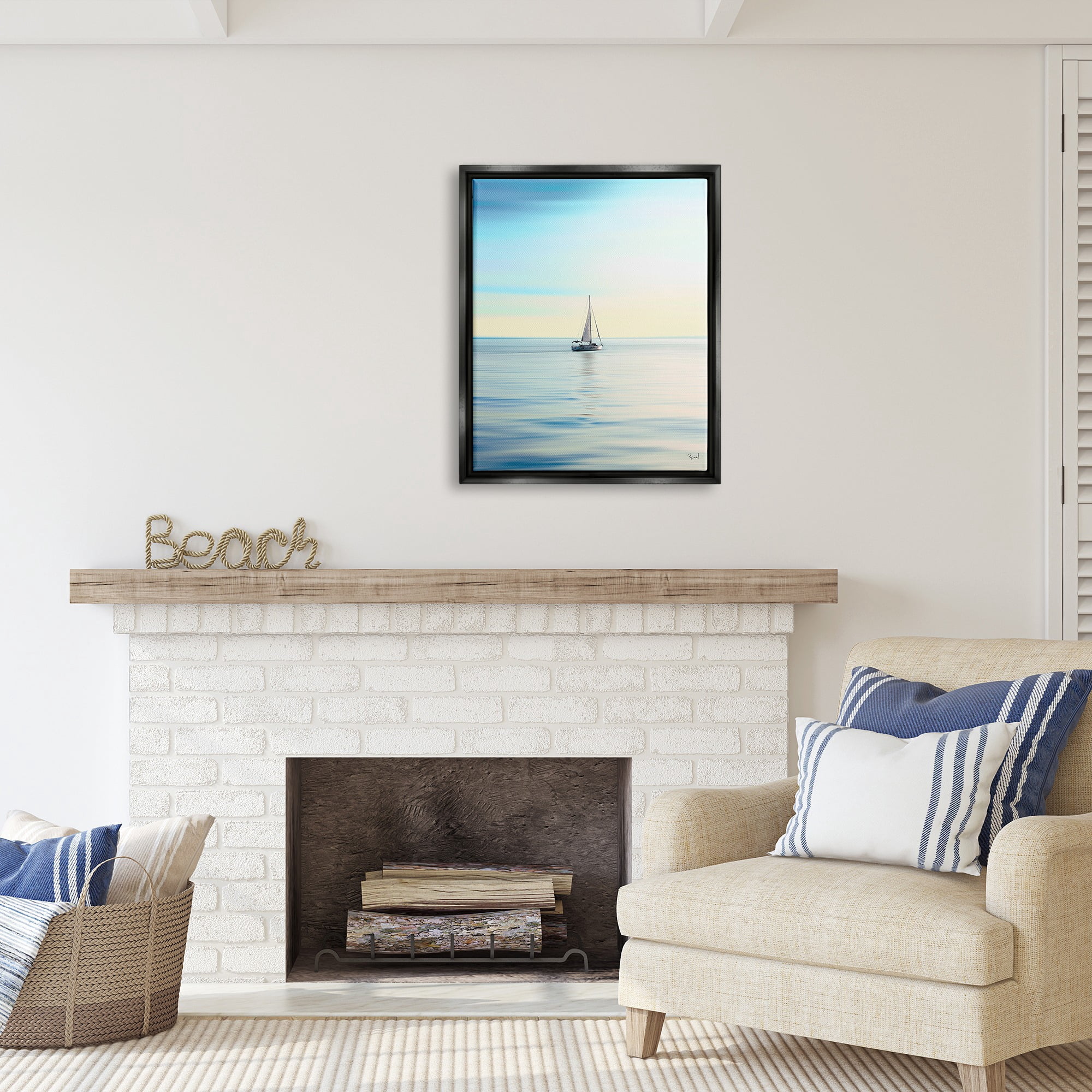 Stupell Industries Blue Sunlit Sailboat Transportation Painting Black Floater Framed Canvas Art Print Wall Art, 25 x 31