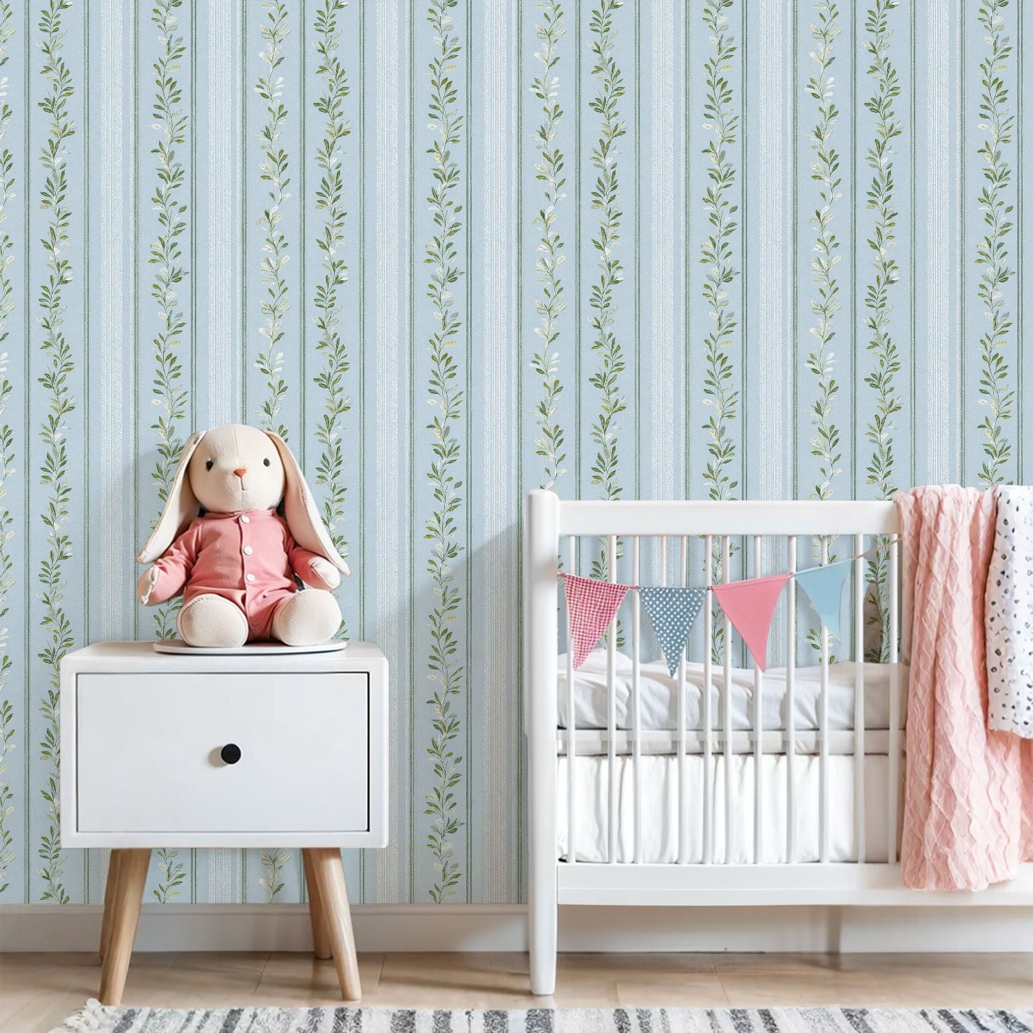 Sage Green Peel and Stick Wallpaper Elegant Floral Vine Light Blue Subtle Stripes Wall Mural 23.6in x 9.8ft Self Adhesive Removable Wall Paper Renter Friendly Wallpaper for Girls Bedroom
