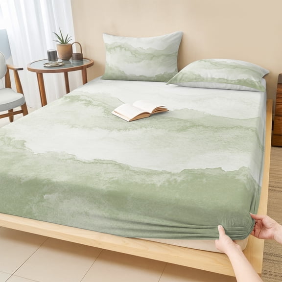 Cal.King Size Fitted Sheet Set - Sage Green Ombre Mountain 3 Piece Bedding Sets 16" Deep Pocket Fitted Sheet with 2 Pillowcases, Nature Abstract Art Marble Brushed Microfiber Hotel Luxury Bed Sheets