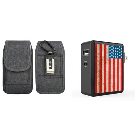 

Pouch and Wall Charger Bundle for Nothing Phone 1: Vertical Belt Holster Case Nylon Fabric (Grey) and 45W Dual USB Port PD Power Delivery Type-C and USB-A Power Adapter (Vintage American Flag)