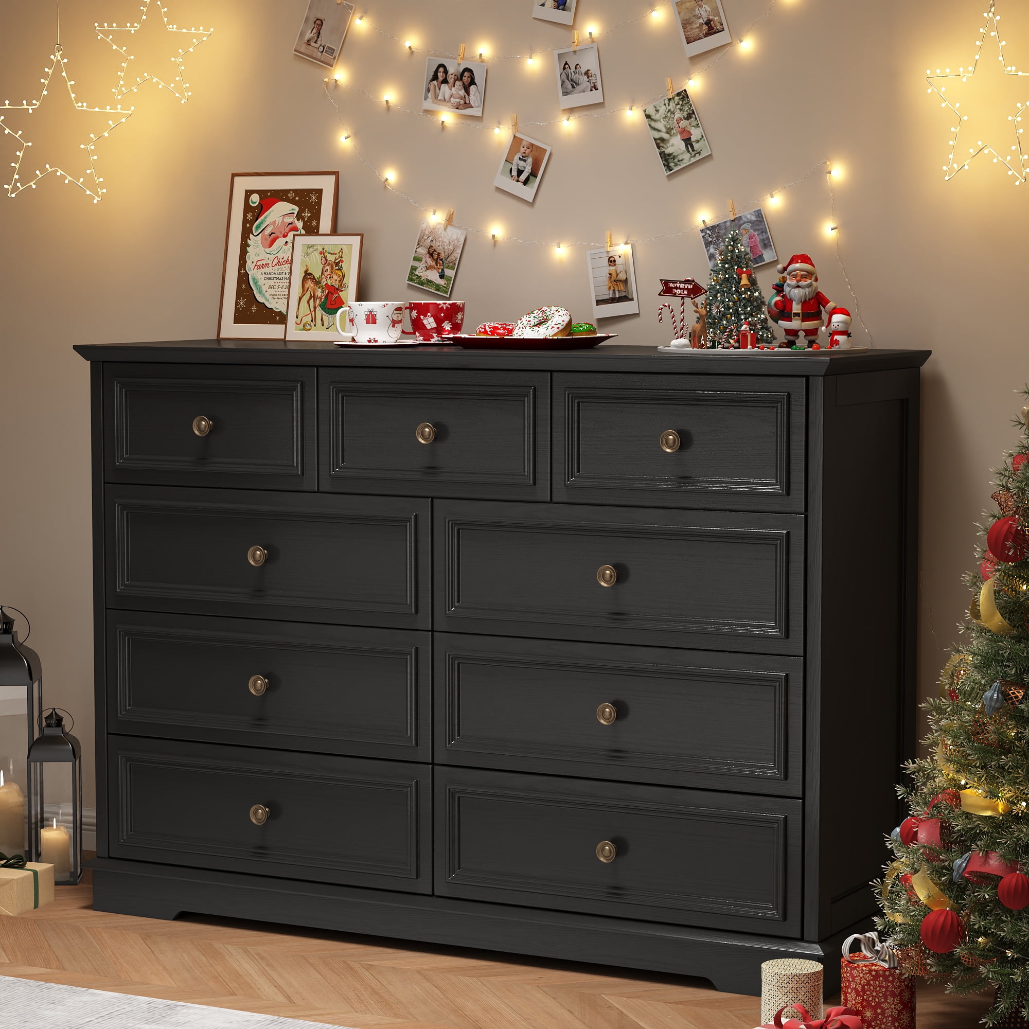 9 Drawer Chest of Drawers, Tall Storage Dresser Organizer, Modern Storage Cabinet Dresser Organizer Unit with Antique Bronze Round Handles for Living Room, Black