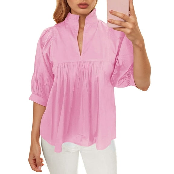 Women Puff Sleeve V Neck Blouse Babydoll Peplum Tops Dressy Casual Pleated Loose Fit Shirts Pink S