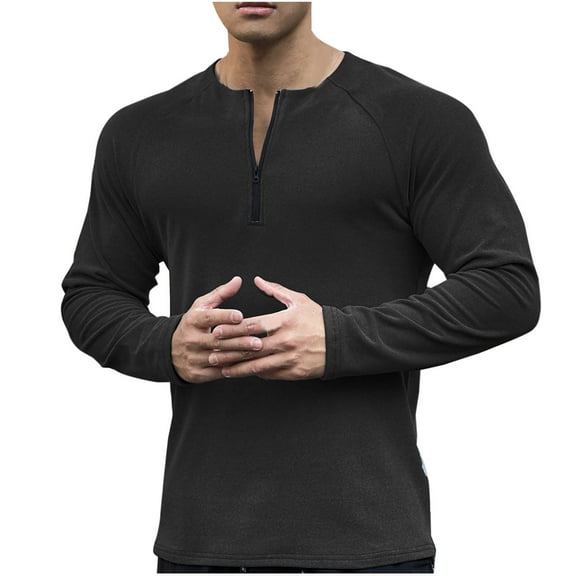 Tawop Mens Casual Shirts Crew Neck Long Sleeve Solid Zip Black L