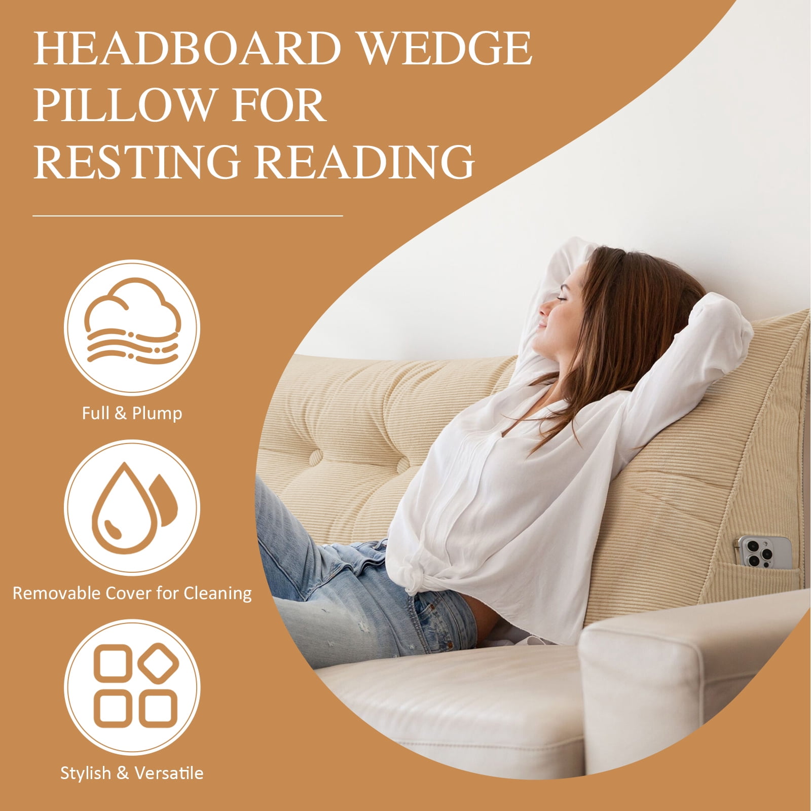 ANMINY Bed Wedge Pillow for Headboard Gap Reading Lumbar Back Rest Support Pillow for Bed Sofa Large Long Pillow with Side Pockets Removable Cover, 39"x20", Khiki