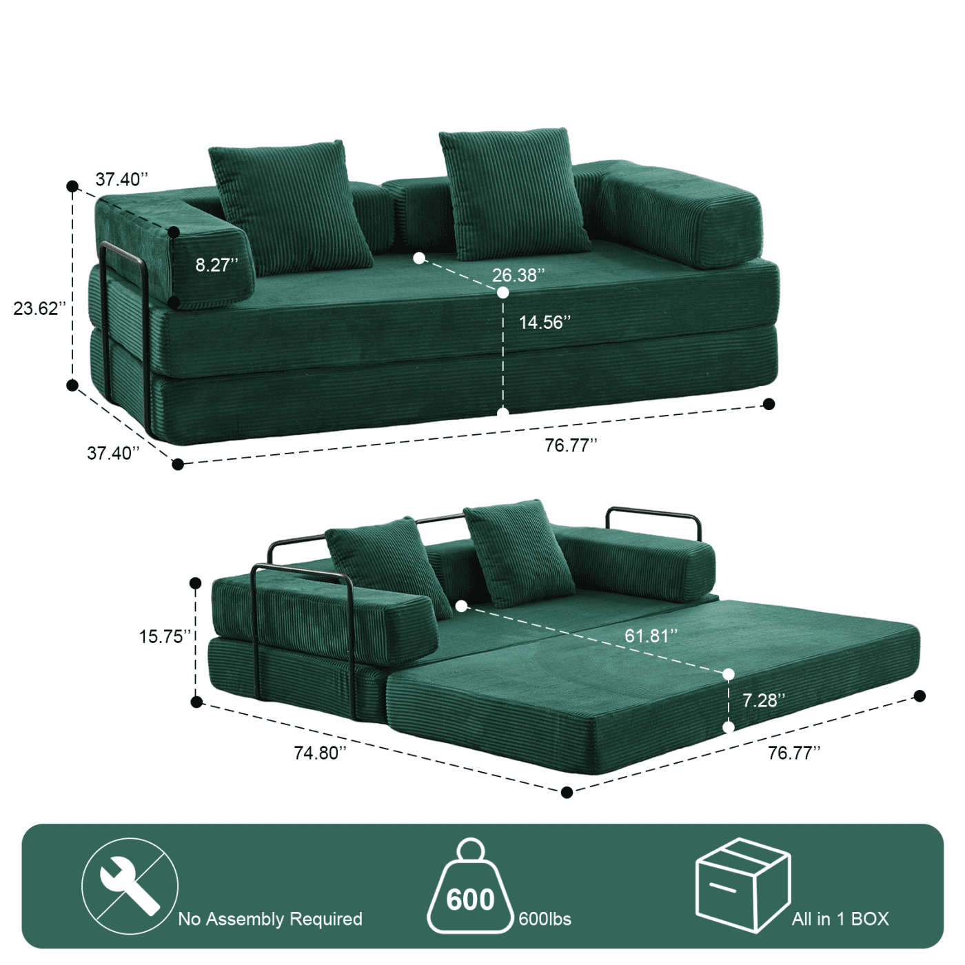 Jopath 76 Inch Convertible Sleeper Sofa Bed,Folding Floor Mattress Couch with Fixed-Shape Frame,Futon Boneless Couch Lounge Loveseat with Pull Out Bed, No Assembly Required,Dark Green+Corduroy