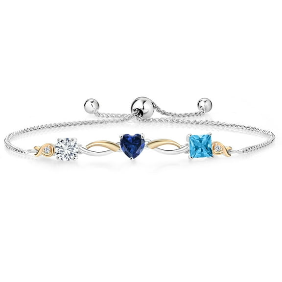 Gem Stone King 925 Silver and 10K Yellow Gold Blue Created Sapphire Swiss Blue Topaz and Lab Grown Diamond Tennis Bracelet for Women By Keren Hanan (2.10 cttw, Adjustable up To 9 inch)