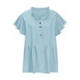thumbnail image 4 of Olyvenn Stylish Womens Eyelet Tops Dressy Casual Ruffle Cap Sleeve Button V Neck Blouses Business Work Shirts Tee Summer Outfits Light Blue M, 4 of 8