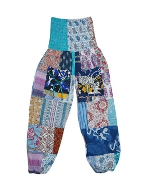 Mogul Women Yoga Pant Cotton Patchwork Design Front Two Pockets Smocked Waist Loose Comfy Pants S/M