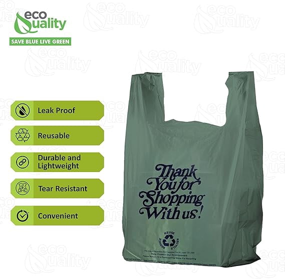 EcoQuality 1/6 Large Size 12x6.5x22 Inch Green Plastic Shopping Bags for Delivery, Retail, Grocery, Restaurant, Takeout, and Convenience Stores (160)