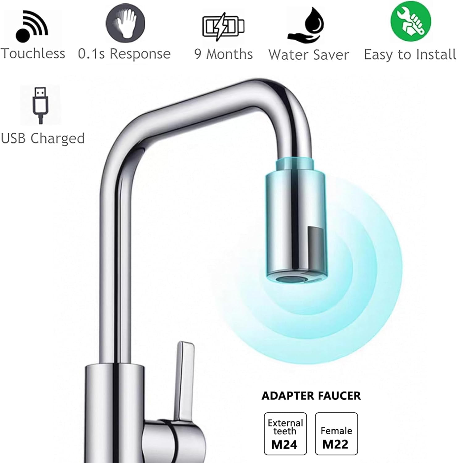 Transform Your Faucet with Our Touchless Automatic Adapter: Motion Sensor for Bathroom & Kitchen, Hands-Free Aerator, Easy Install on M22/M24 Taps
