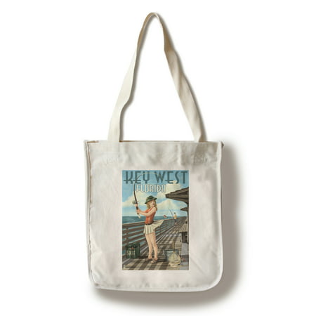Key West, Florida - Fishing Pinup Girl - Lantern Press Artwork (100% Cotton Tote Bag -