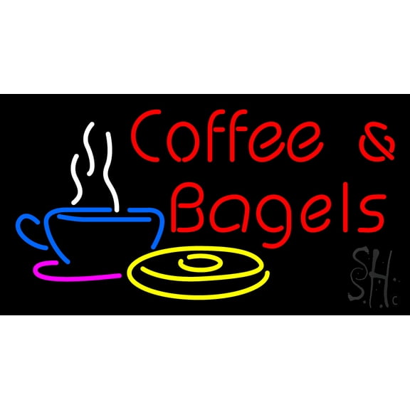 Red Coffee and Bagels LED Neon Sign 13 x 24 - inches, Black Square Cut Acrylic Backing, with Dimmer - Bright and Premium built indoor LED Neon Sign for café and stroefront.