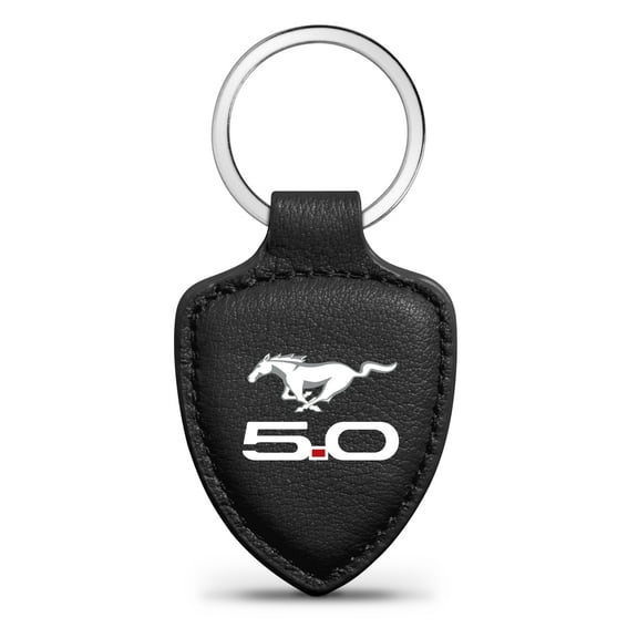 iPick Image for Ford Mustang 5.0 Black Real Leather Shield-Style Key Chain, Official Licensed