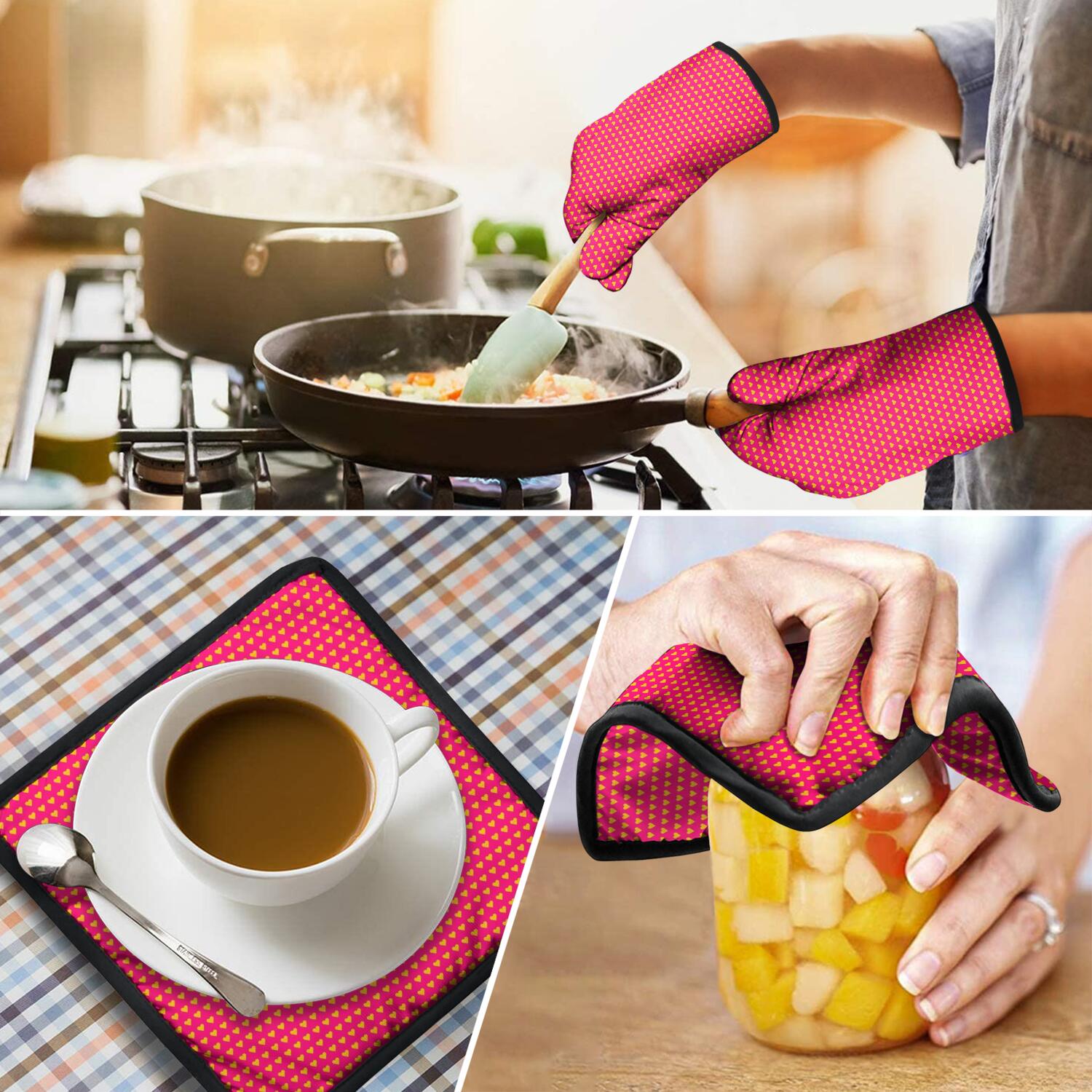 Oven Mitts and Pot Holders Set Of 4, Heat Resistant Kitchen Gloves with Non-Slip Grip, Hanging Loop, Soft Cotton Lining for Baking, Cooking, Grilling, Barbecue