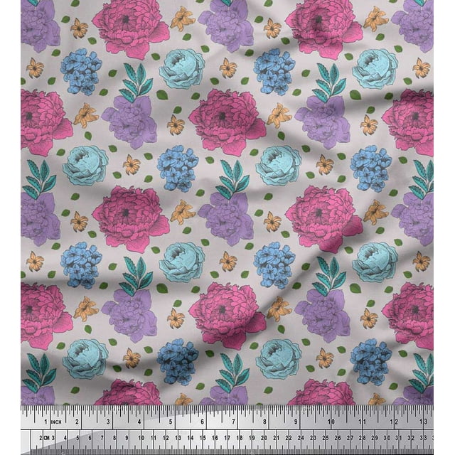 Soimoi Modal Satin Fabric Leaves,Periwinkle & Peony Floral Decor Fabric Printed Yard 42 Inch Wide