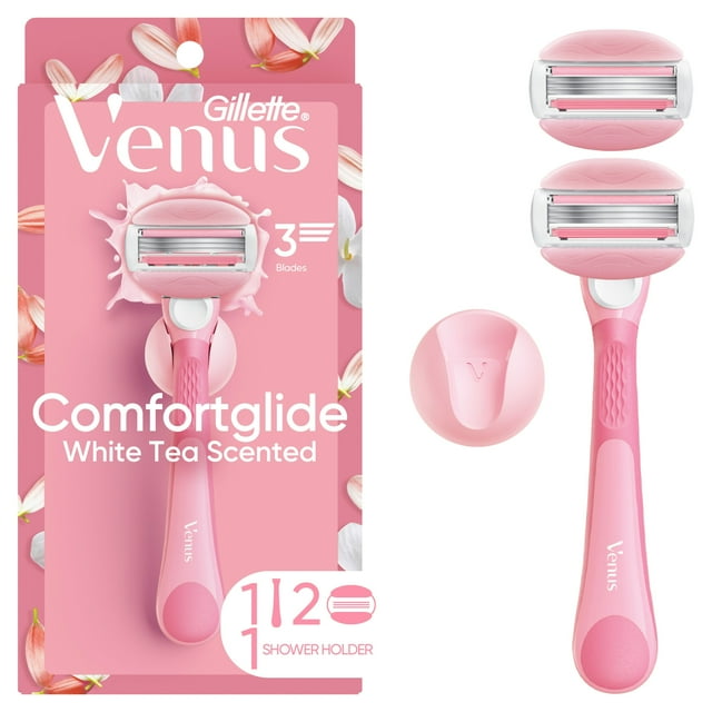 Venus Comfortglide Women's Razor White Tea Scented with Reusable Razor Handle, 2 Razor Blade Refills and Shower Holder