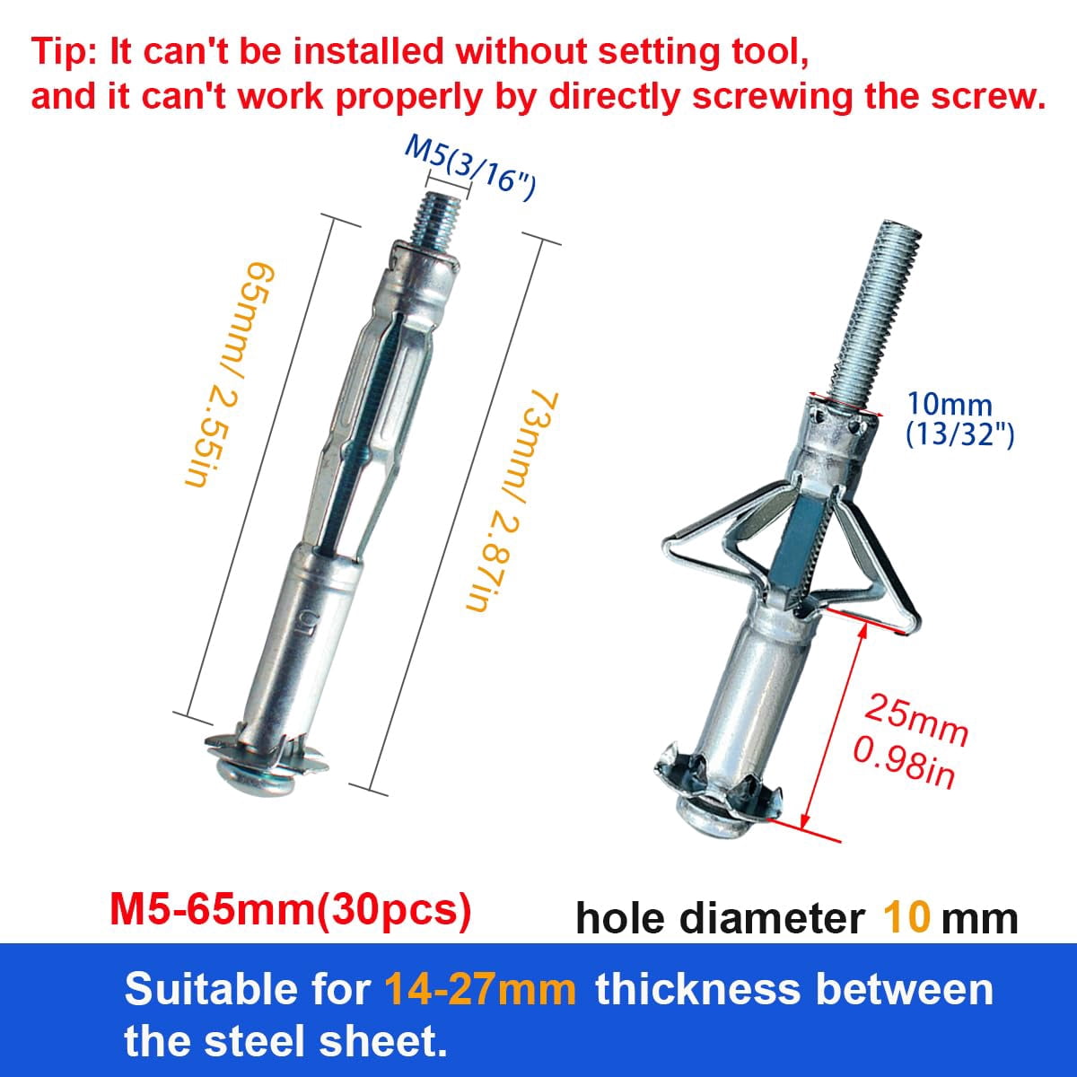 30 pcs Molly Bolts, Metal Drywall Anchors, Heavy Duty Zinc Plated Steel Molly Bolt (M6-52)