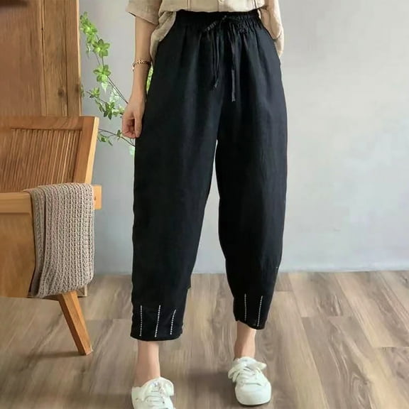 Wycnly Pants for Women Womens Elastic Waist Drawstring Pants Casual Solid Loose Straight Leg Harem Trousers Fall Cotton Linen Leisure Ladies Long Pants with Pocket