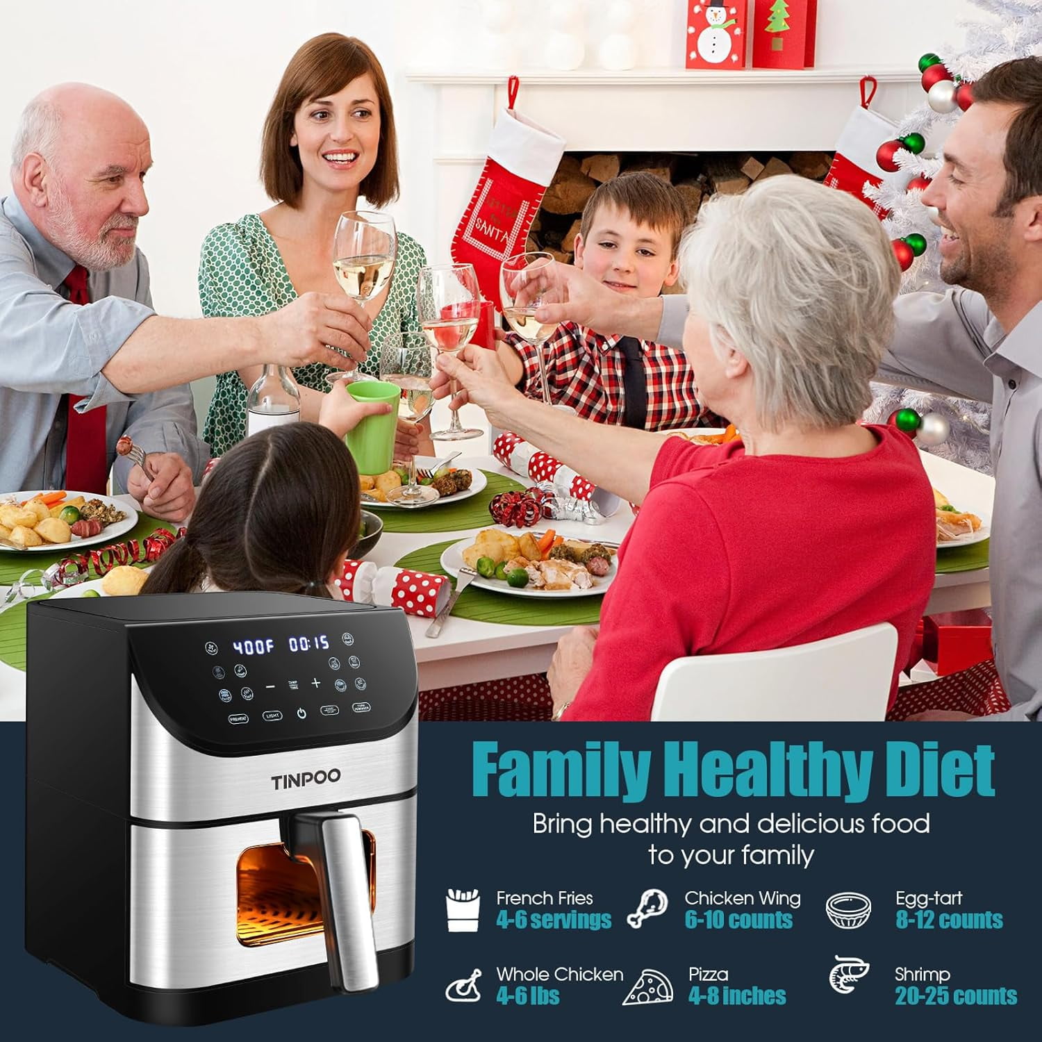 6.2 QT Oilless Large Capacity 1500W Oven Air Fryers Healthy Cooker with 10 Preset, Visual Cooking Window, Non-Stick Basket
