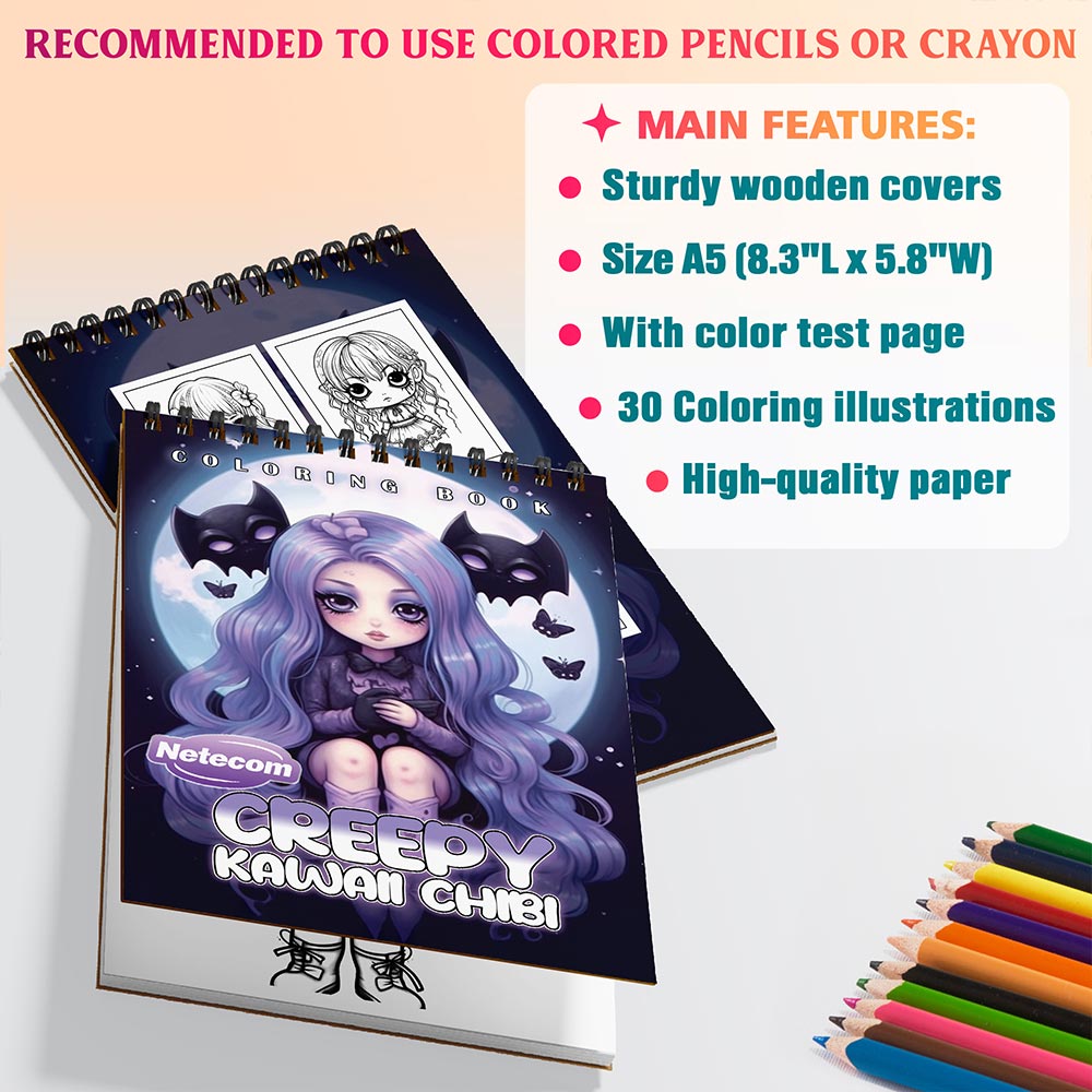 Netecom Creepy Kawaii Chibi Coloring Book Spiral Bound for Adults, A5 Wooden Cover, 30 Cute and Creepy Coloring Pages of Kawaii Nightmares or Stress Relief and Relaxation