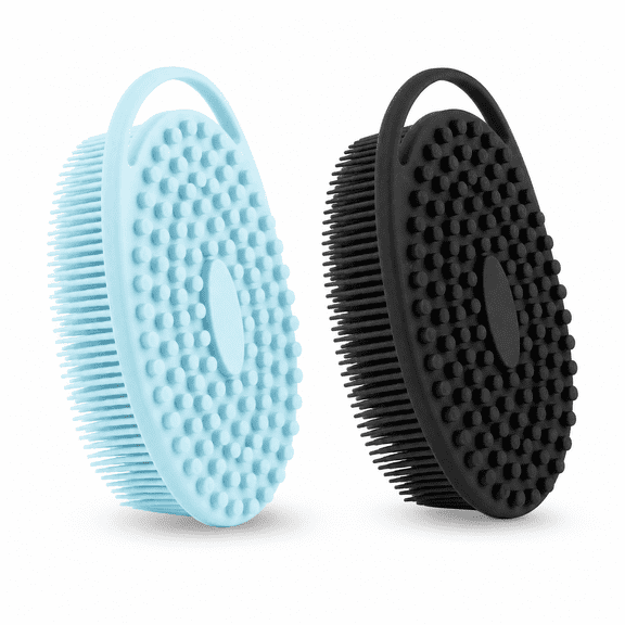 Silicone Body Scrubber, Exfoliating Shower Brush & Loofah 2 in 1 for Sensitive Skin, Lather Well, Bath and Shampoo Brush, 2 PCS (Black and Blue)