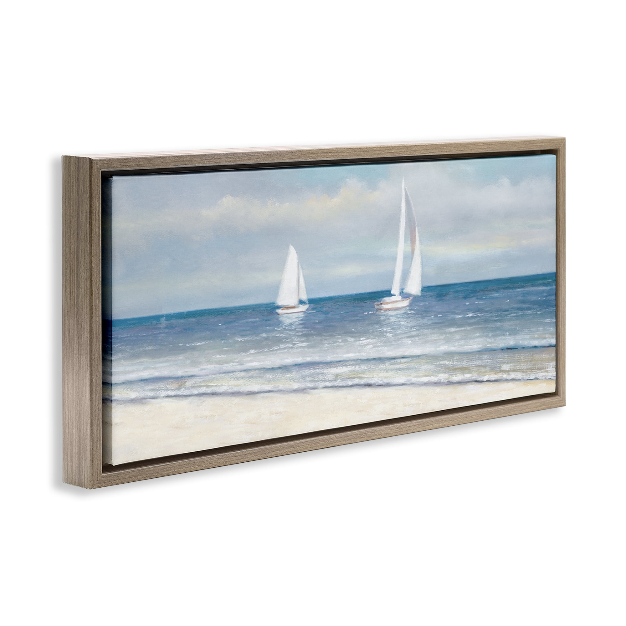 Stupell Industries Sooth Sailboats View Nautical & Beach Painting Brown Floater Framed Canvas Art Print Wall Art, 31 x 14
