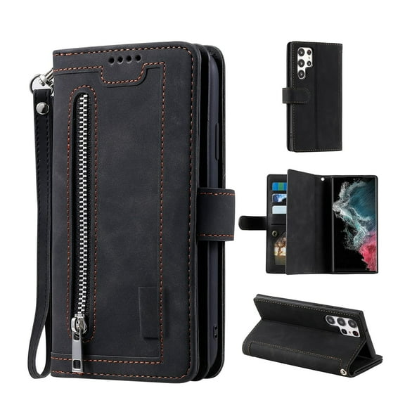 Dteck Wallet Case for Samsung Galaxy S24 Ultra, 9 Card Holder Slots Zipper Pocket Handbag Case Magnetic Closure Kickstand with Wrist Strap TPU Shockproof Flip Cover,Black