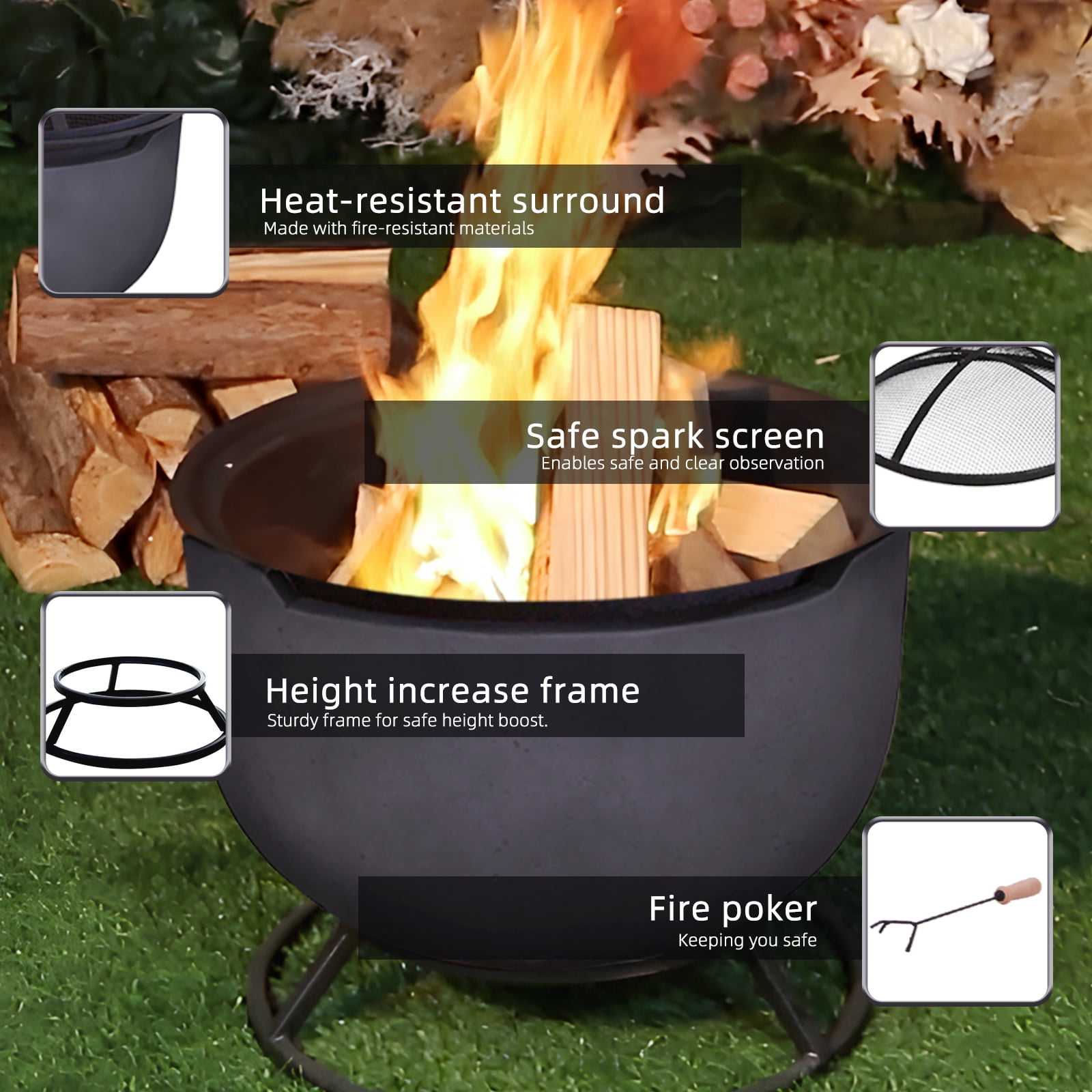 Afterglow Round Terrafab Outdoor Wood Burning Fire Pit with Safe Spark Screen and Height Increase Frame Stand, Dark Gray