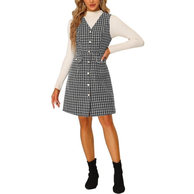 INSPIRE CHIC Robe Femme à Carreaux en Tweed Col en V Sans Manches à Simple Boutonnage avec Poches Robe S Noir