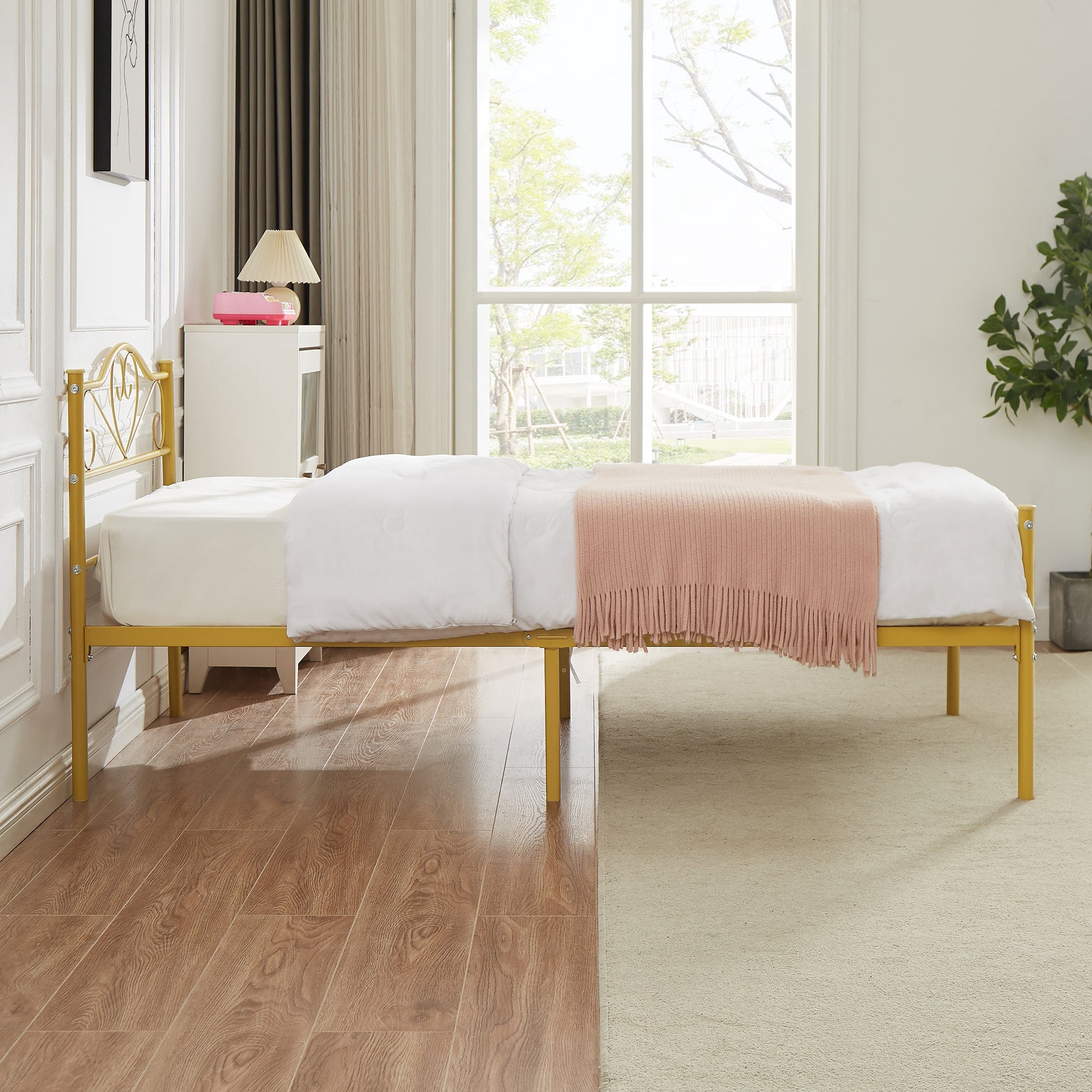 14 Inch Twin Size Metal Platform Bed Frame with Headboard and Footboard, Heavy Duty Mattress Foundation with Steel Slats Support, No Box Spring Needed, Gold