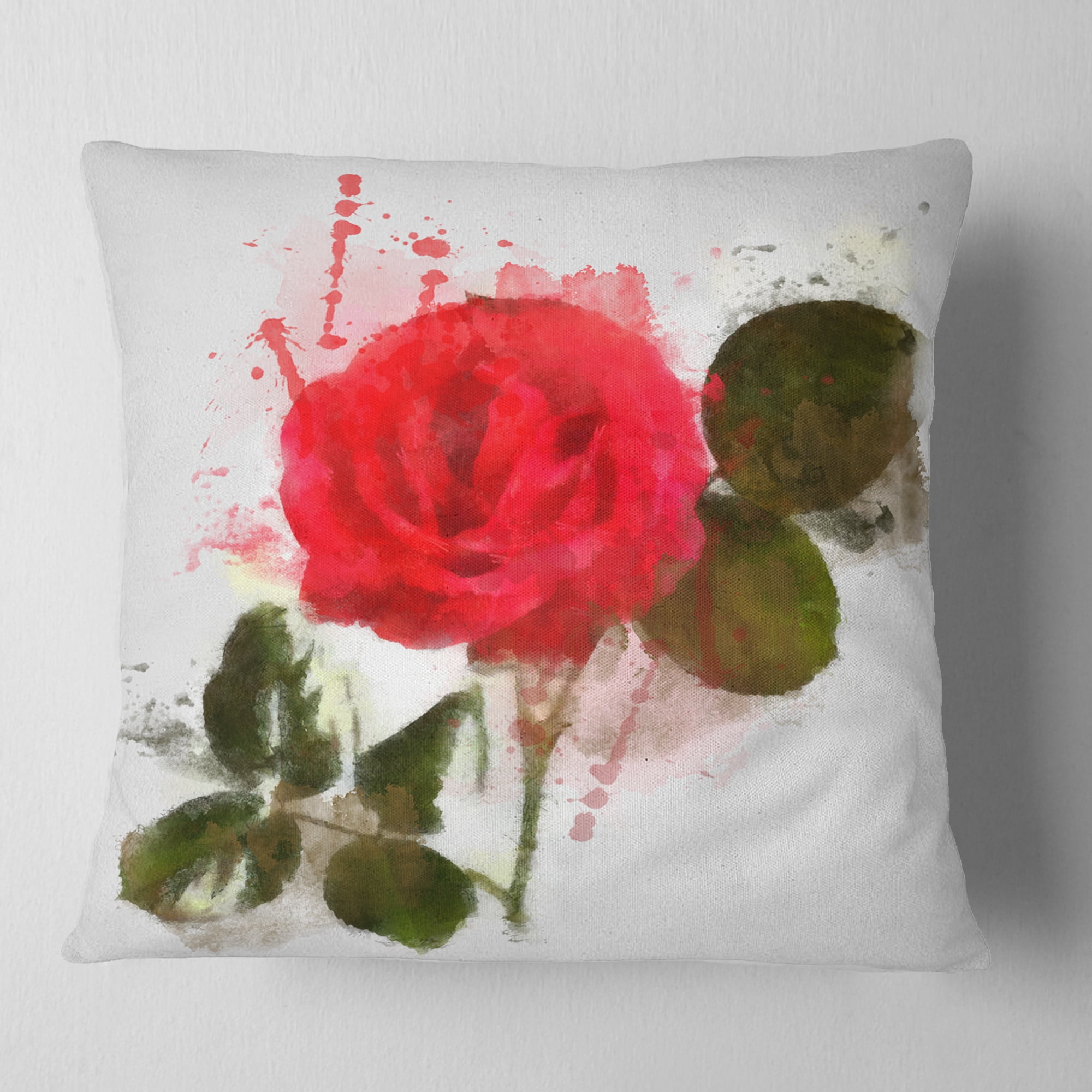 Designart Red Rose with Green Petals - Floral Throw Pillow - 16x16