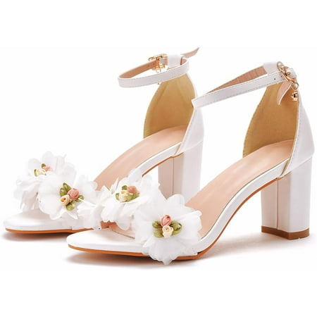 Ladies Wedding Shoes Sandals 4/7Cm Thick Heel with Round Toe Sandals Large Size Flower High Heel Sandals White Bridal Wedding Shoes