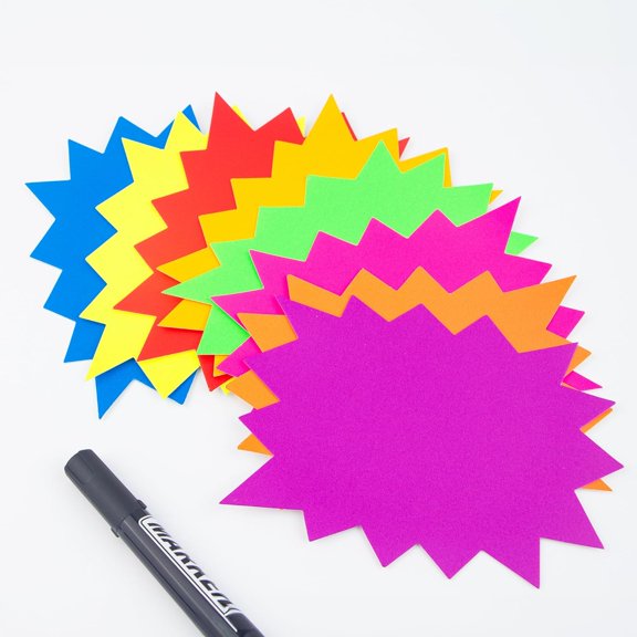 80 PCS Star Burst Signs Paper, 4.7 x 6.3 inches Starburst Signs Fluorescent Neon Signs Blank Star Shape Retail Sale Tags Burst Paper Signs for Retail Store, Party Favors,Garage Sale Sign and Etc.