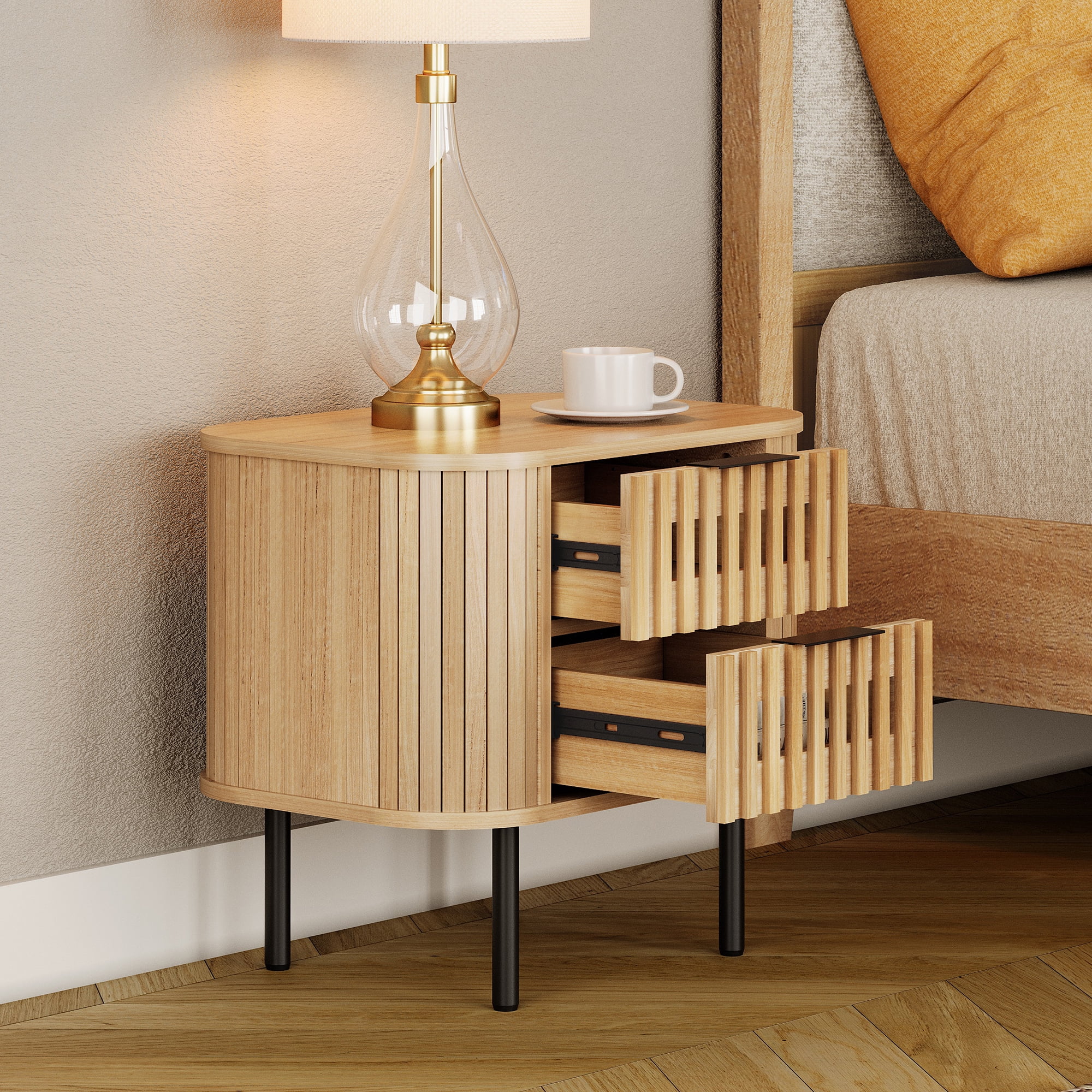 Wampat Modern Fluted Nightstand, Wooden End Table with 2 Drawers, 20.4H"  Bedside Table for Living Room, Bedroom, Oak