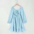 thumbnail image 4 of Girls Long Sleeve Light Blue Dress A-Line Ruffle Square Neck Bow Back Casual Party Formal Church Dresses for Kids Polyester Ages 6-12,Size 10-11T, 4 of 8
