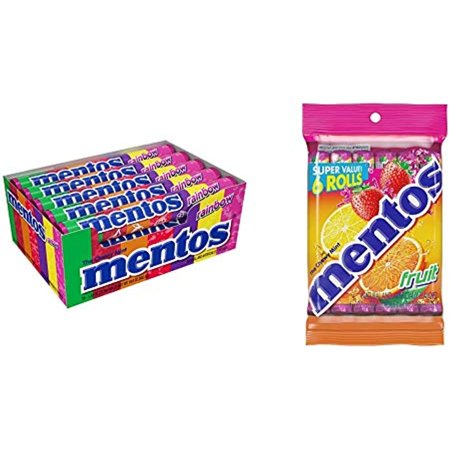 Mentos Chewy Mint Candy Roll, Rainbow, Non Melting, Party, 14 Pieces (Bulk Pack Of 15) & Chewy Mint Candy Roll, Fruit, Non Melting (Pack Of 6)