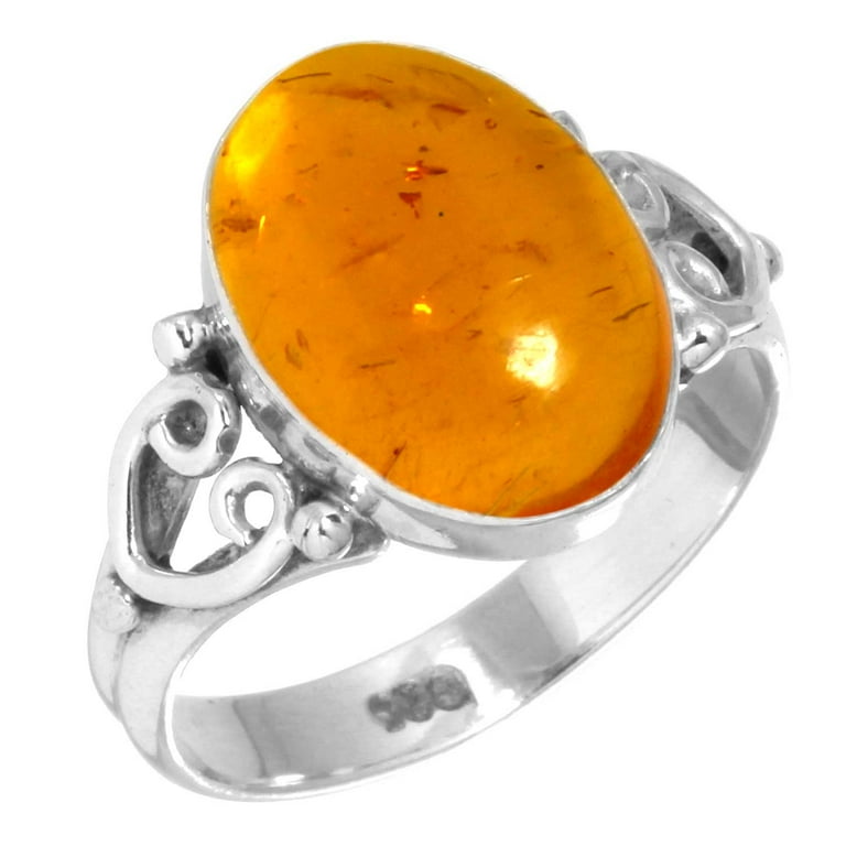 925 Silver Ring For Women Teens Orange Amber Stone Silver Ring